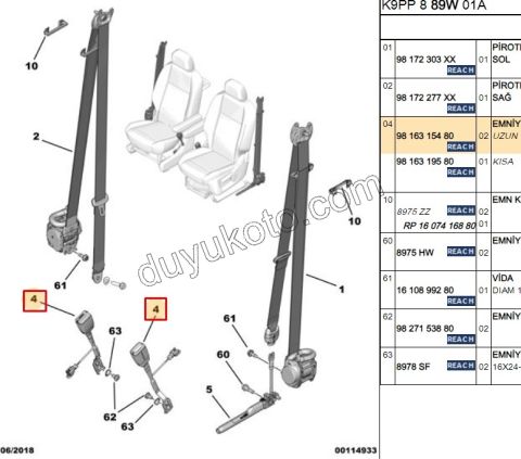 2019> Partner Rifter Berlingo Combo Doblo Proace City Ön Emniyet Kemeri Tokası
