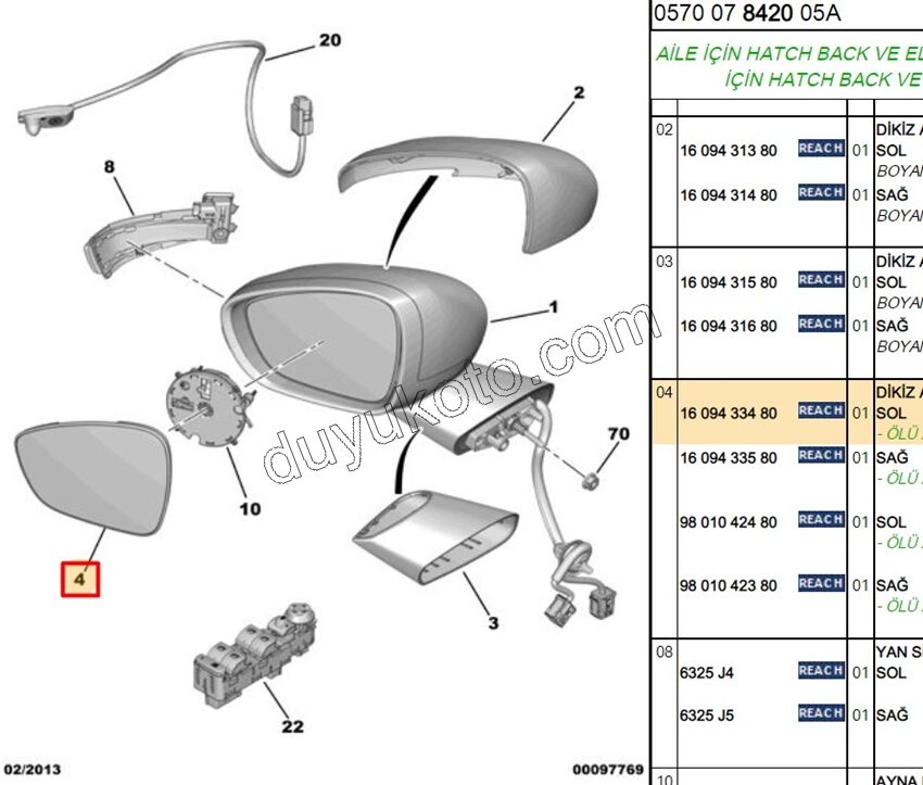 Citroen C4 Picasso Dikiz Ayna Camı Sol 2013/2018