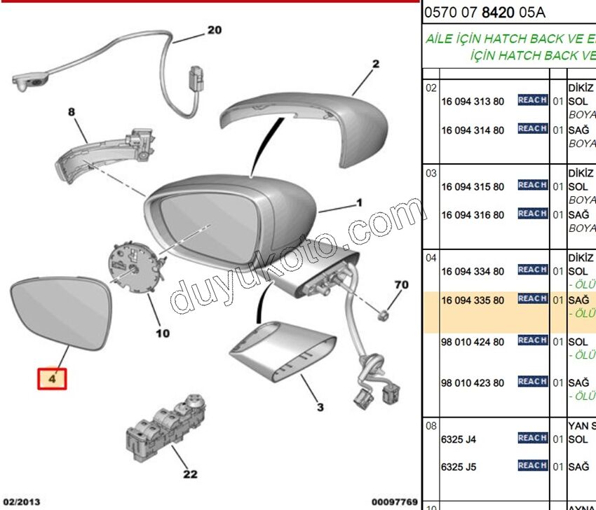 Citroen C4 Picasso Dikiz Ayna Camı Sağ 2013/2018