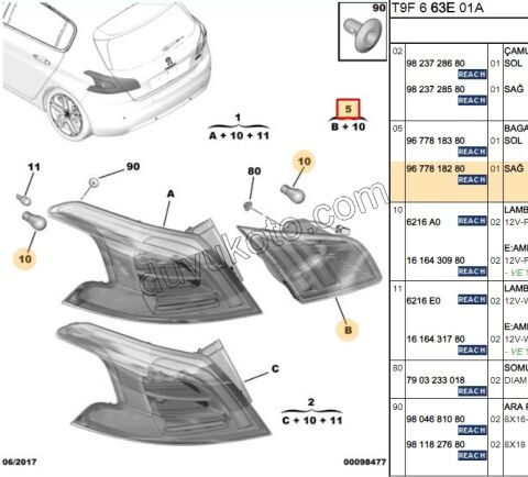 Peugeot 308 Stop Lambası Sağ İç (Bagaj Kapağı) 2013/2021