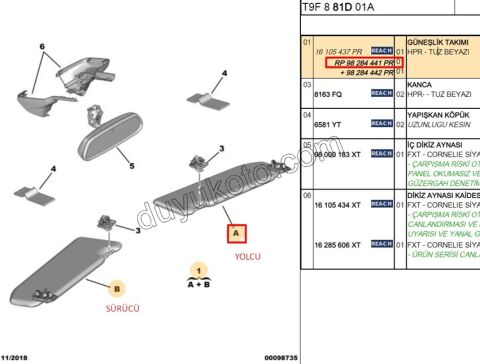 Güneşlik Sağ P3082 TUZ BEYAZI TK