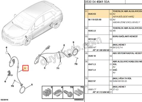 Abs Kablosu Ön Teker Sağ/Sol P308 P307 P30081 9652310580