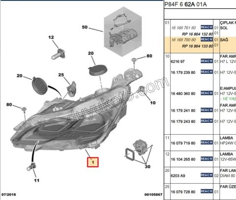 Peugeot 3008 5008 Far Sağ HALOJEN H7 + HB3 9005 + HP24W 2016/2020