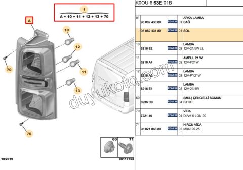 Peugeot Expert Citroen Jumpy Fiat Scudo Stop Lambası Sol 2017/2023 1P 2P