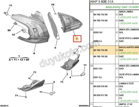 Peugeot 2008 Stop Lambası Sol İç (Bagaj Kapağı) 2013/2016