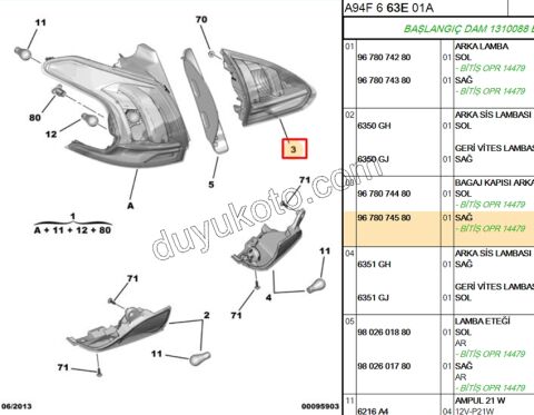 Peugeot 2008 Stop Lambası Sağ İç (Bagaj Kapağı) 2013/2016