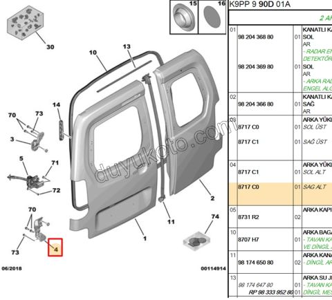 MENTESE BAGAJ KAPAK UST L + ALT R PRT3 PRT4 2P