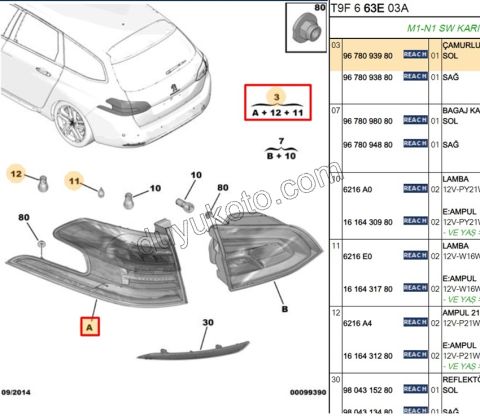 Peugeot 308sw Stop Lambası Sol Dış (Çamurlukta) 2013/2017