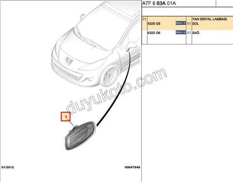 Peugeot 207 308 3008 5008 Citroen C4 C5 Ayna Sinyali Sol 2006/2014