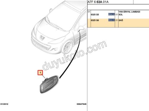 Peugeot 207 308 3008 5008 Citroen C4 C5 Ayna Sinyali Sağ 2006/2014