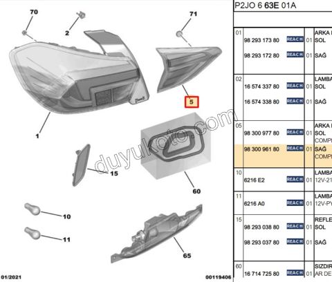 Opel Corsa Stop Lambası Sağ İç (Bagaj Kapağı) 2019/2023