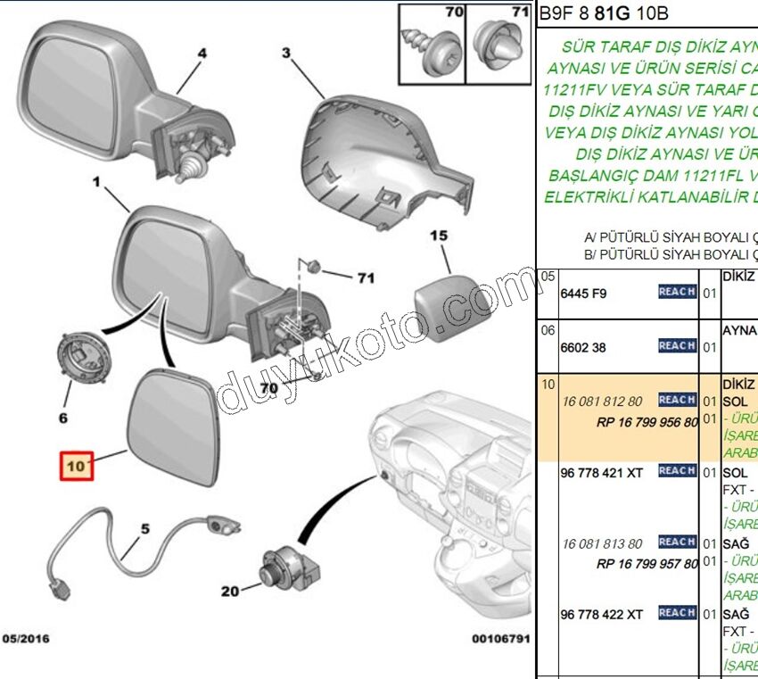 Peugeot Partner Dikiz Ayna Camı Sol VAN Rezistanslı 2008/2012
