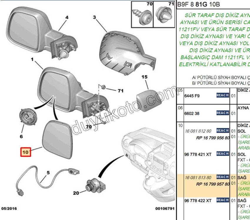 Peugeot Partner Dikiz Ayna Camı Sağ VAN Rezistanslı 2008/2012