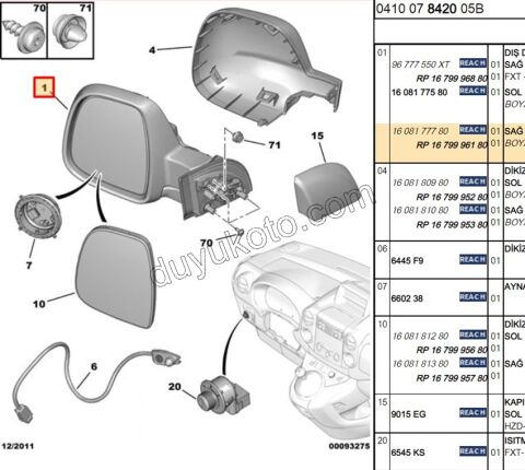 Peugeot Partner Dikiz Aynası Sağ (Kapaklı) 2012-2018