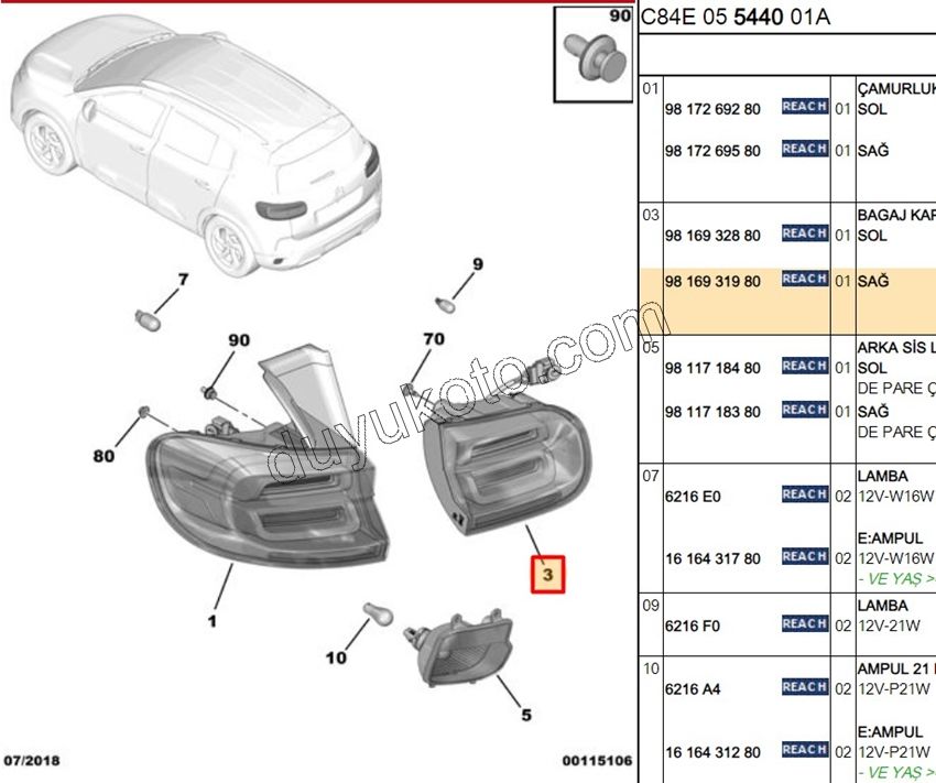 Citroen C5 Aircross Stop Lambası Sağ İç (Bagaj Kapağı) 2019/2022