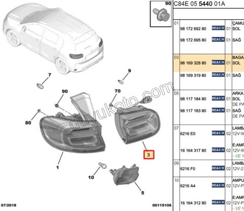 Citroen C5 Aircross Stop Lambası Sol İç (Bagaj Kapağı) 2019/2022
