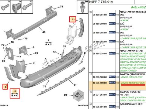 Arka Tampon Köşe Kapağı Takım PRT4 UZUN SASE DINGIL 2975