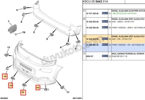 2019> Partner Rifter Berlingo Combo Doblo Proace City SENSOR PARK ON / ARKA P20082 SIYAH