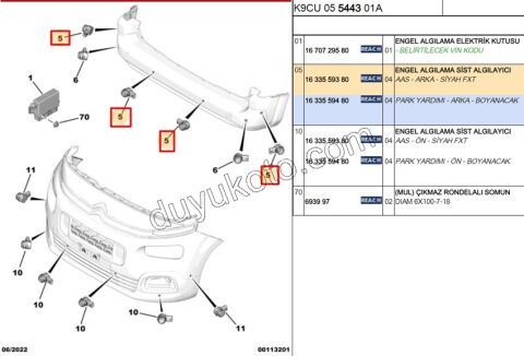 2019> Partner Rifter Berlingo Combo Doblo Proace City SENSOR PARK ON / ARKA P20082 SIYAH