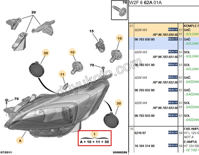 Peugeot 508 Far Sağ HALOJEN 2011/2014