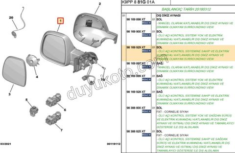 2019> Partner Rifter Berlingo Combo Doblo Proace City Dikiz Aynası Sol VAN Elektirikli Katlanırlı Kör Noktalı