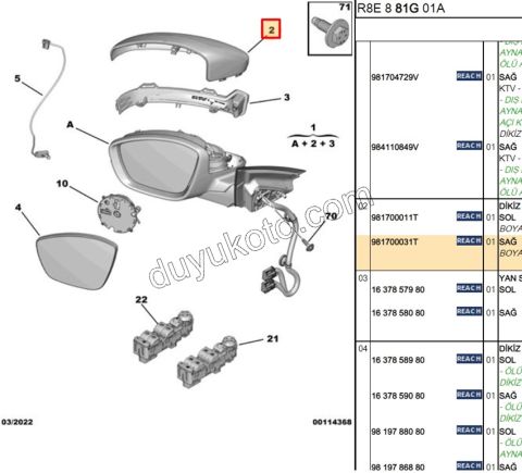 Peugeot 508 Dikiz Ayna Kapağı Sağ Astarlı 2019/2023