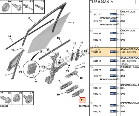 Ön Cam Açma Anahtarı Sol (Sürücü) (Çerçevesiz) P30081 P50081 FOLD+ 96650621ZD