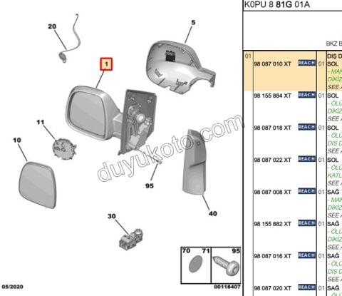 Peugeot Expert Citroen Jumpy Fiat Scudo Dikiz Aynası Sol Manuel 2017/2023