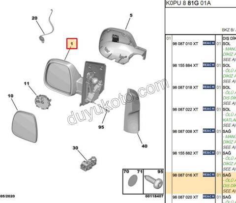 Peugeot Expert Citroen Jumpy Fiat Scudo Dikiz Aynası Sağ Elektirikli Katlanırlı 2017/2023