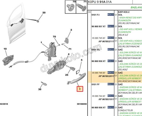 Dış Açma Kolu Sağ Ön Kapı P3082 - ARKA R P508 EXP4 DELIK- ELEK+ AST+KROM+