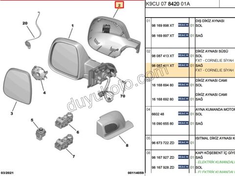 2019> Partner Rifter Berlingo Combo Doblo Proace City Expert Jumpy Scudo Dikiz Ayna Kapağı Sağ Siyah 2017/2024