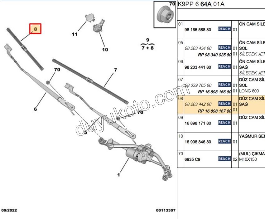 2019> Partner Rifter Berlingo Combo Doblo Proace City Ön Cam Silecek Süpürgesi Sağ 43CM TK