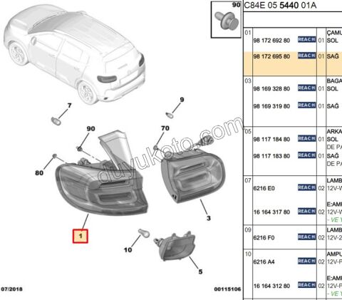 Citroen C5 Aircross Stop Lambası Sağ Dış (Çamurlukta) 2019/2022