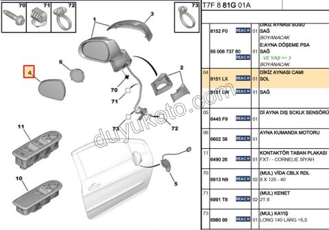 Peugeot 308 Dikiz Ayna Camı Sol 2008/2011