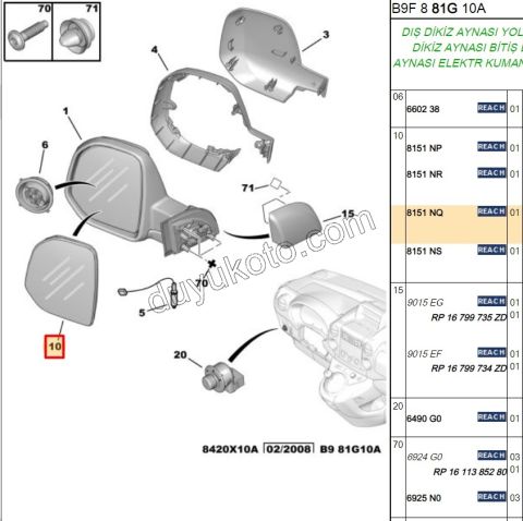 Peugeot Partner Dikiz Ayna Camı Sağ Rezistanslı 2008/2012