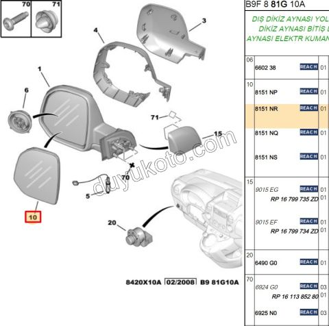 Peugeot Partner Dikiz Ayna Camı Sol Rezistanslı 2008/2012