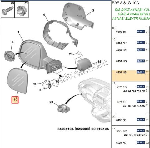 Peugeot Partner Dikiz Ayna Camı Sağ Rezistanslı 2008/2012