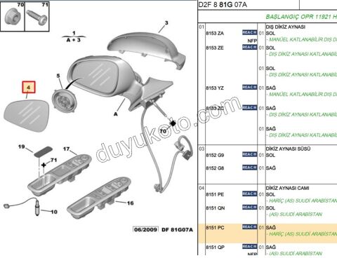 Peugeot 407 Dikiz Ayna Camı Sağ 2009/2011