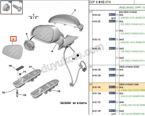 Peugeot 407 Dikiz Ayna Camı Sol 2009/2011