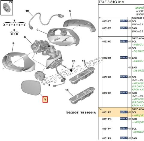 Peugeot 3008 5008 Dikiz Ayna Camı Sol 2010/2014