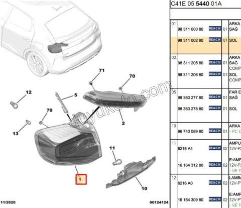 Citroen C4 Stop Lambası Sol Dış (Çamurlukta) 2020/2024