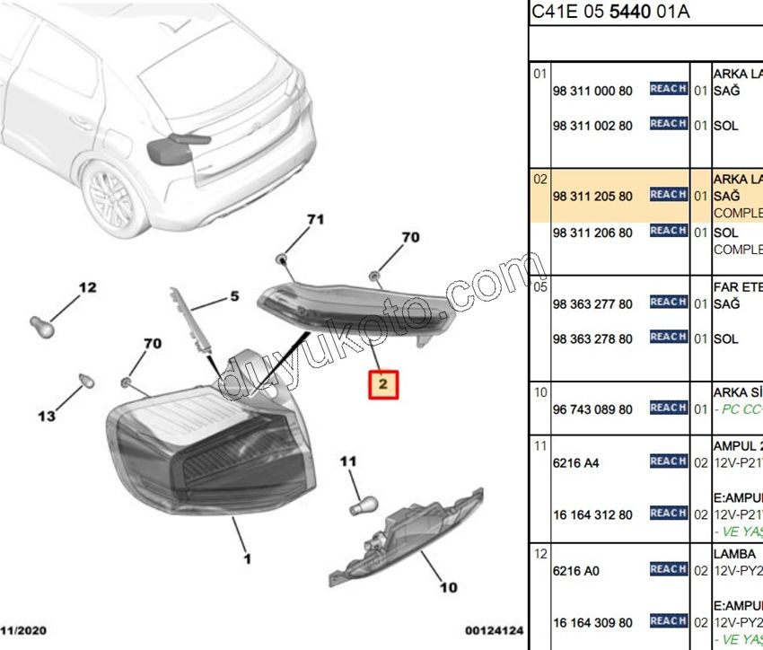 Citroen C4 Stop Lambası Sağ İç (Bagaj Kapağı) 2020/2024