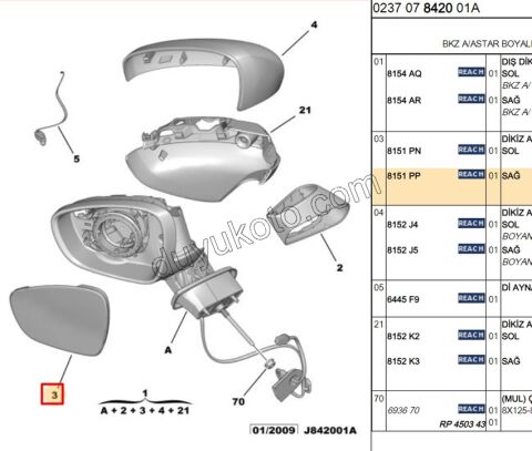 Citroen C3 C5 Dikiz Ayna Camı Sağ Rezistanslı 2008/2013