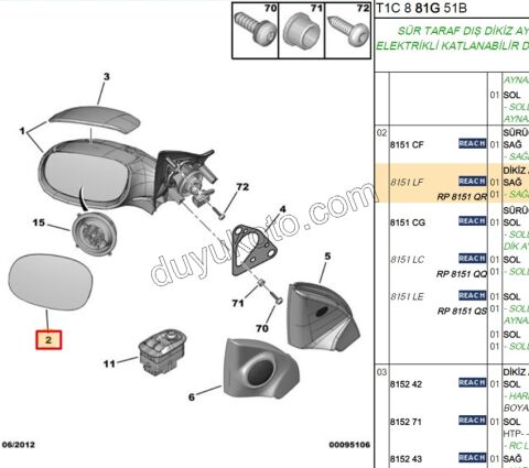 Peugeot 206/206+ Dikiz Ayna Camı Sağ Rezistanslı 1998/2013