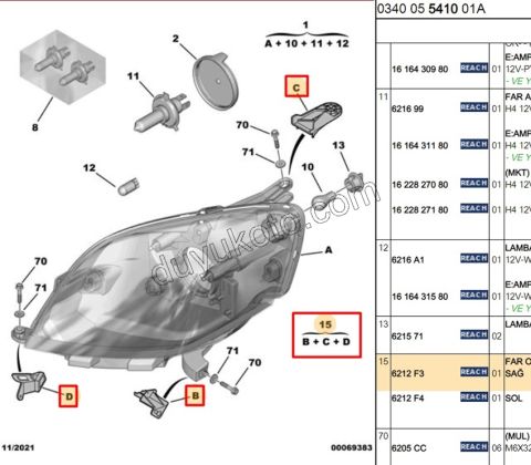 Peugeot Bipper Citroen Nemo Fiat Fiorino Far Tamir Takımı Sol 2008/2016
