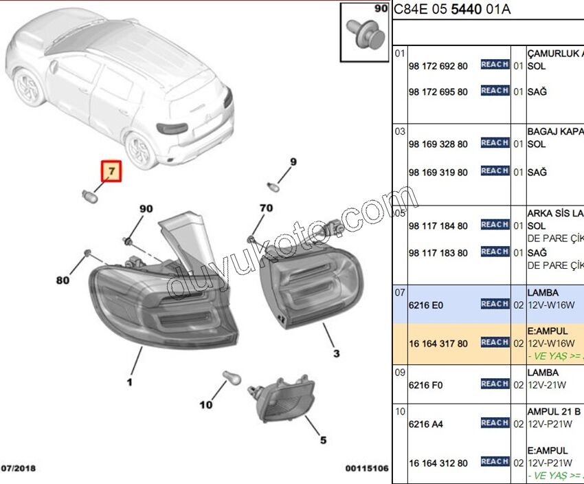 Ampül Dipsiz FREN SINYAL + GERI VITES BUYUK 12V 16W 921LF