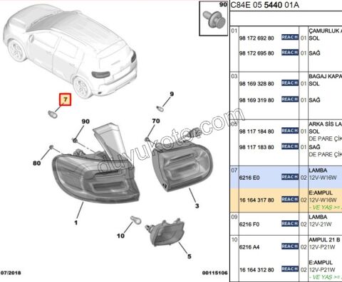 Ampül Dipsiz FREN SINYAL + GERI VITES BUYUK 12V 16W 921LF