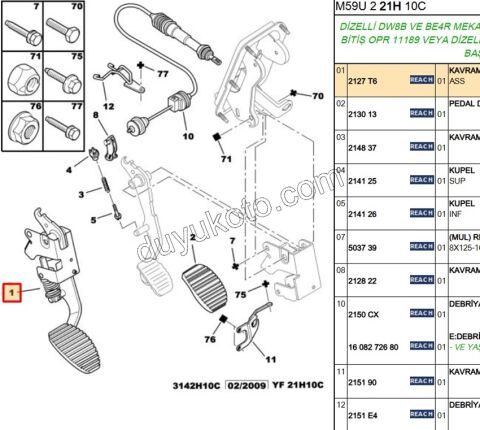 PEDAL DEBRIYAJ PRT2 1.9D,Y.M 03/09