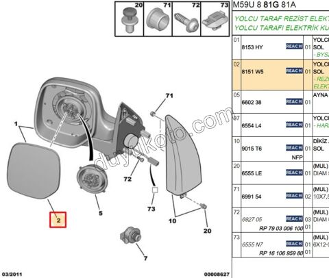 Peugeot Partner Dikiz Ayna Camı Sol Rezistanslı 1997/2009