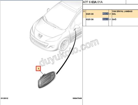 Peugeot 207 308 3008 5008 Citroen C4 C5 Ayna Sinyali Sol 2006/2014